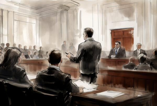 Courtroom sketch of a lawyer speaking to the jury.