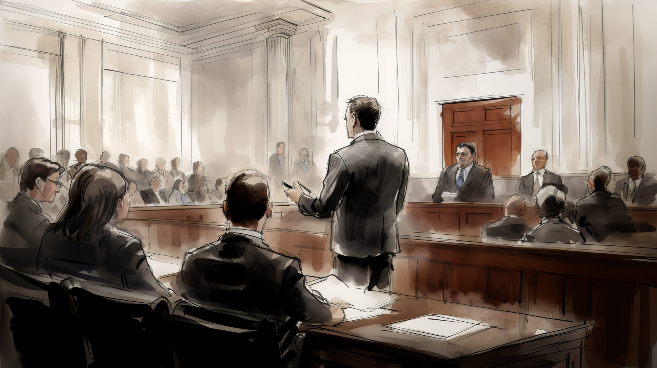 Courtroom sketch of a lawyer speaking to the jury.