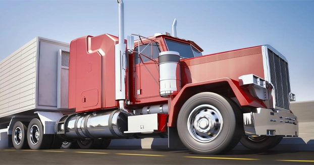 Giant, red semi truck driving down a highway.