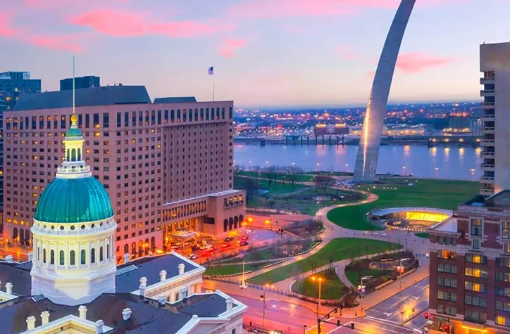 Drone shot of downtown St. Louis skyline.