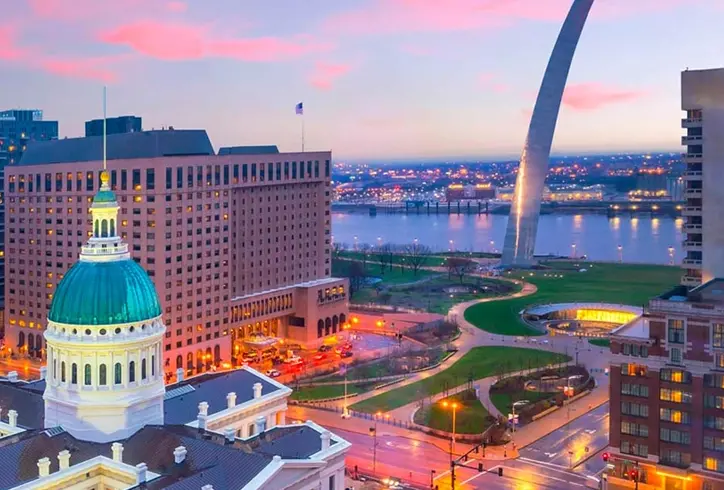 Drone shot of downtown St. Louis skyline.