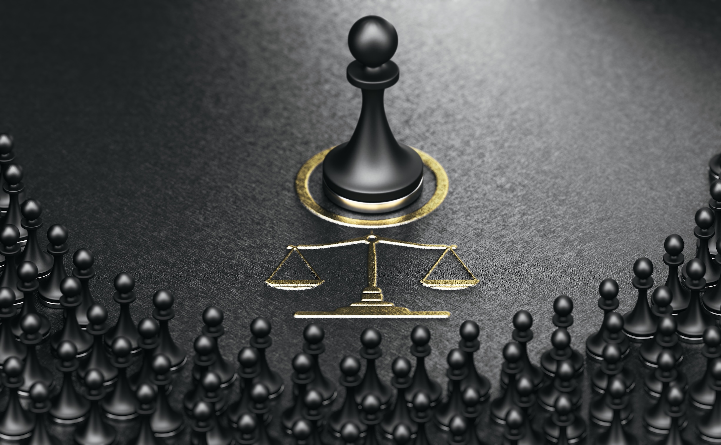 3D illustration of many pawns over golden and black background representing a class action.
