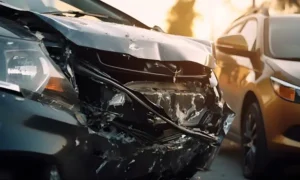 Closeup of the front-end of a vehicle that has been heavily damaged in a car accident.