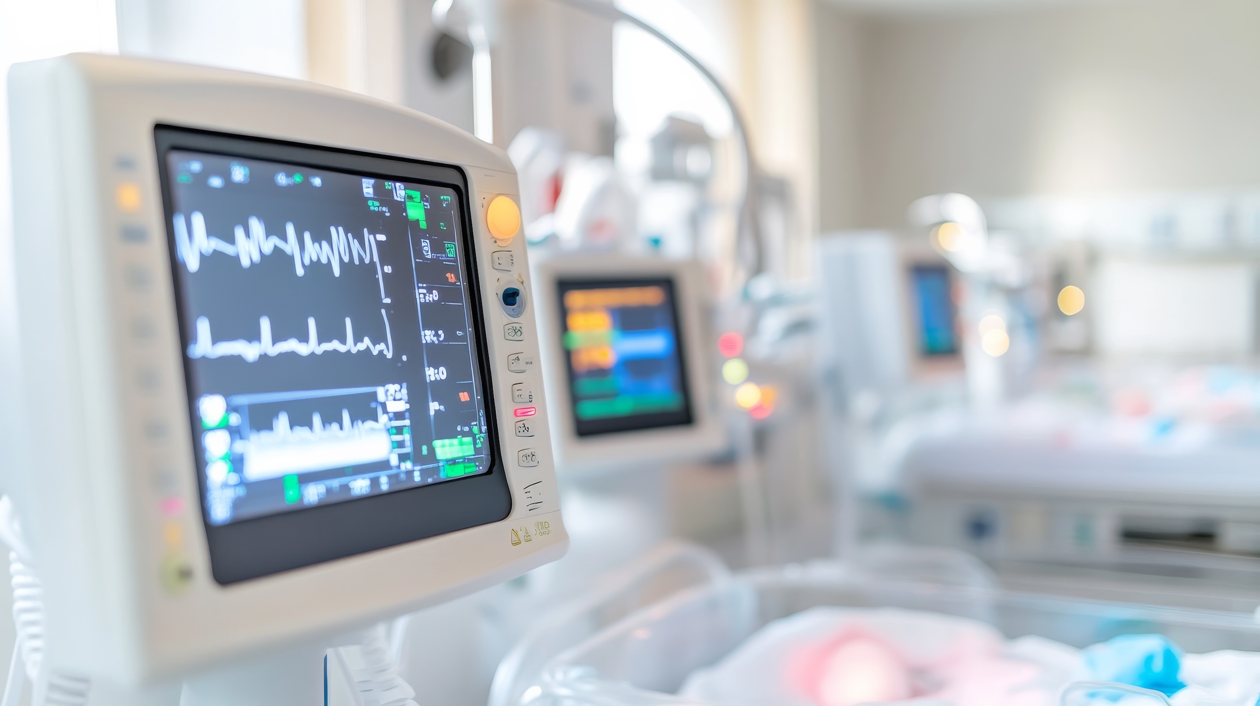 Neonatal ICU Medical Monitor Displaying Vitals and Baby Bassinet