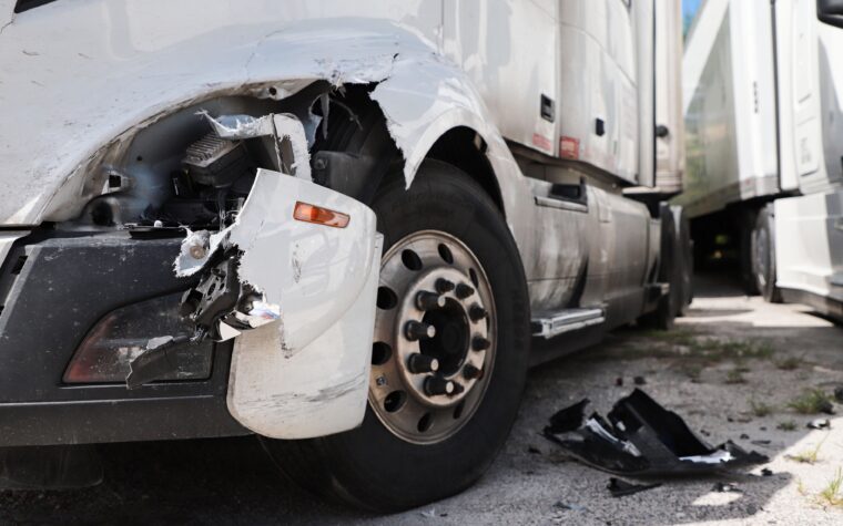 Damage closeup on white truck after an accident.
