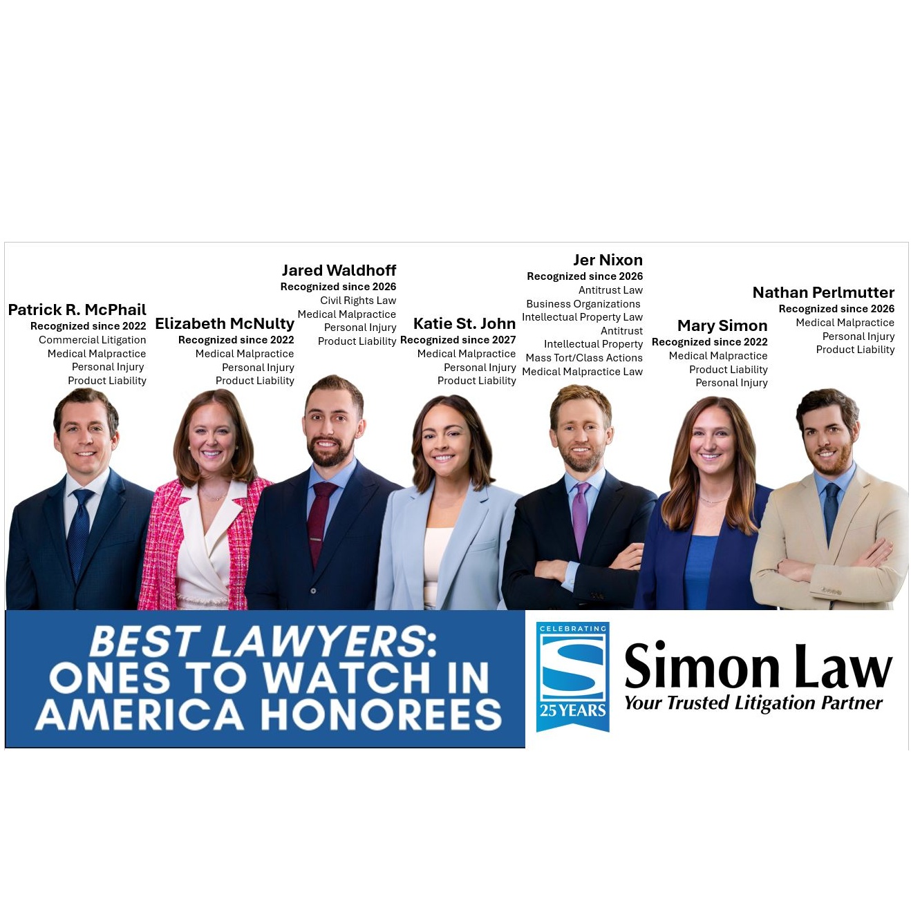 Group of six lawyers in business attire posing above a blue banner that says Best Lawyers: Ones to Watch in America, Simon Law.