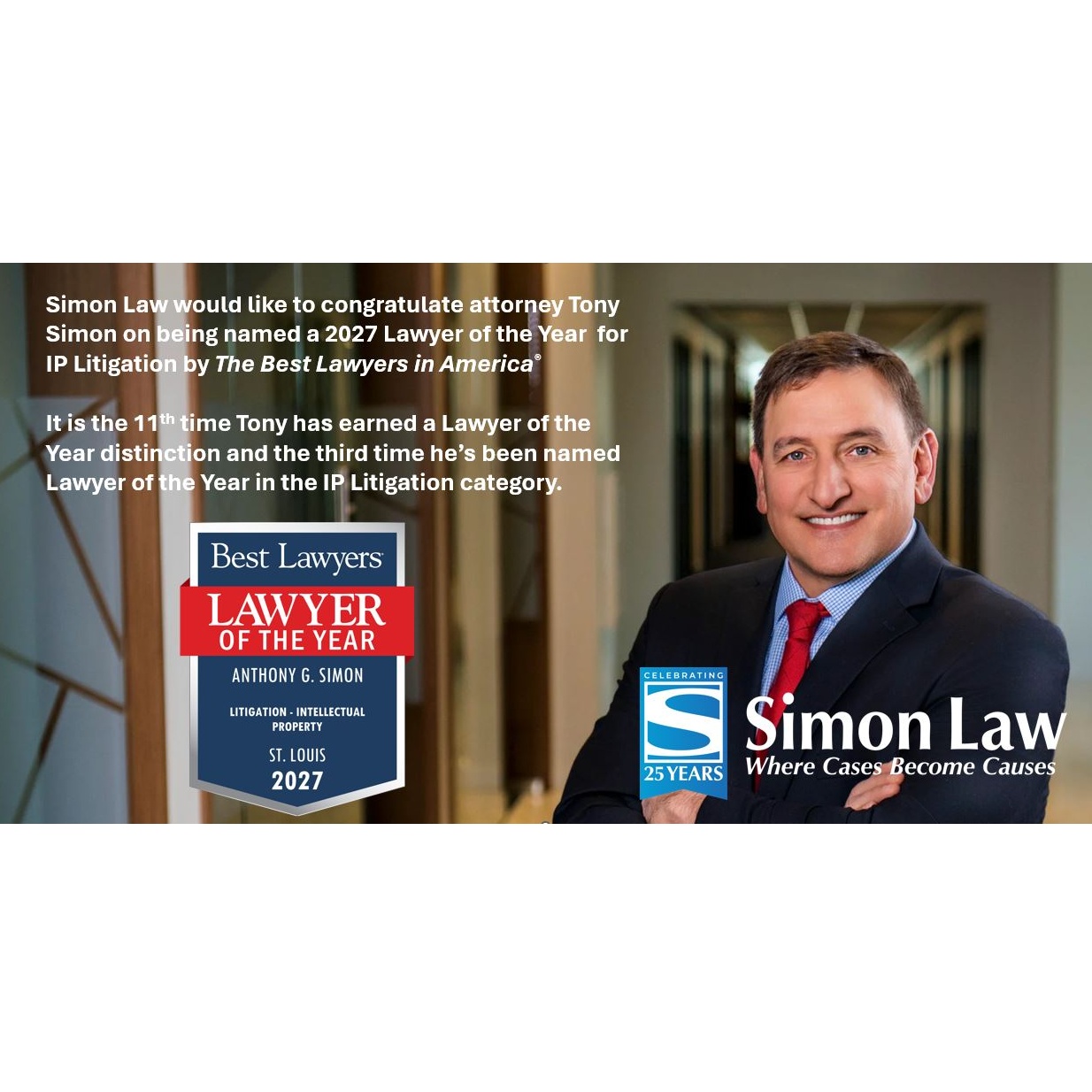 Attorney Simon Law with award badges announcing Tony Simon as 2027 Lawyer of the Year for IP Litigation.
