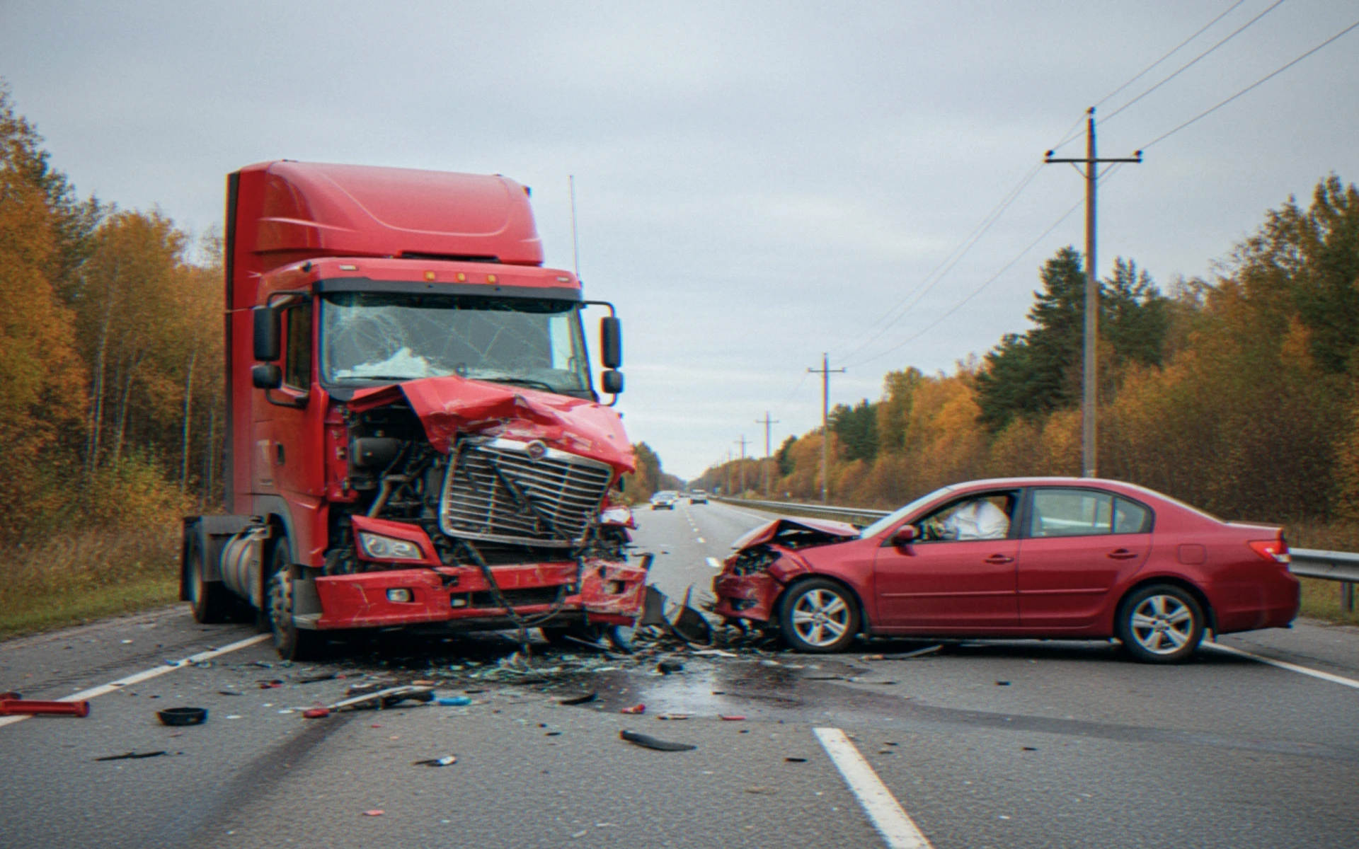 Front-end collision on a highway between a red semi-truck and a red car with debris scattered across the road and damaged windshields.